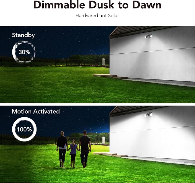 OREiN Motion Sensor Outdoor Security Lights, Dual-Head Adjustable LED Flood Lights, 3 Modes (Motion/Manual/Dusk to Dawn), 150W Equivalent, 5000K, IP65 Waterproof, Hardwired, Black (2 Pack)