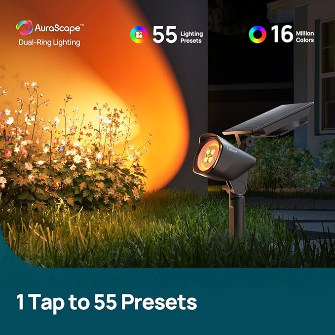 Linkind Smart Solar Lights Outdoor Waterproof SL6C,Dual Ring Tree Spotlight | Solar&USB Charging Solar Spotlights Outdoor Waterproof IP66,Color Changing Spot Light for Tree,Yard, Landscape, House, 4 Pack