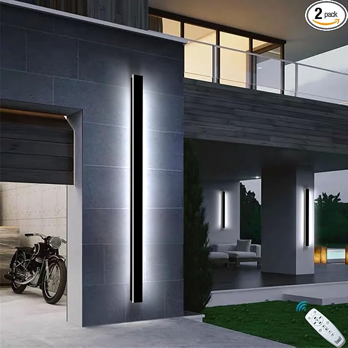 2 Pcs 71inch Modern Outdoor Wall Light Black Long Outdoor Wall Sconce with Remote Control Dimmable IP65 Waterproof Linear Outside Light Fixtures for House Garage