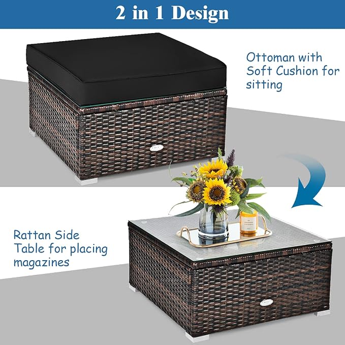 Tangkula 6 Pieces Wicker Patio Furniture Set, PE Rattan Outdoor Sectional Conversation Set with Glass Coffee Table & Ottoman, Wicker Sofa Set with Cushions for Yard Garden, Deck, Porch (Black)