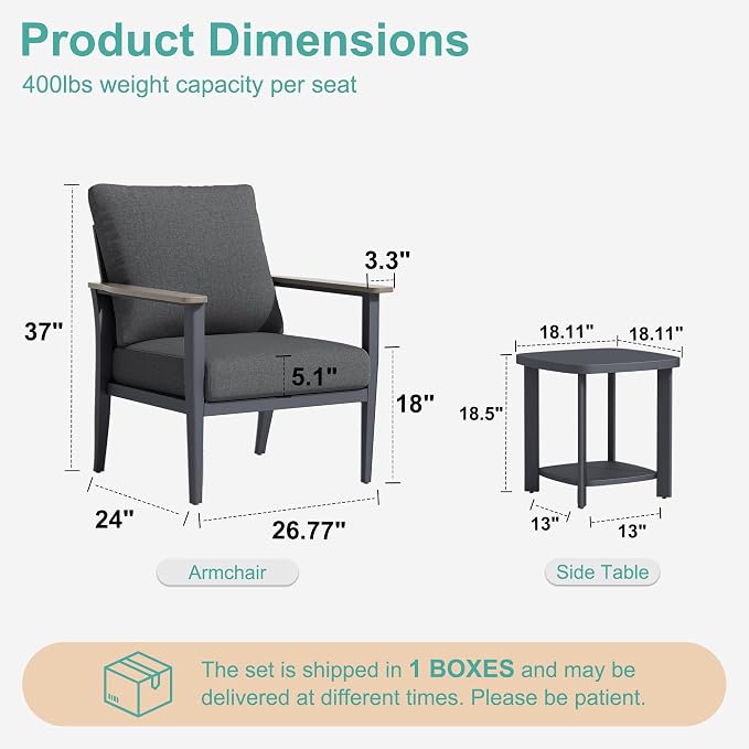 3-Piece Patio Rocking Swivel Chair Outdoor Aluminum Bistro Set with Coffee Table, Outdoor Patio Furniture Set with High Backrest & Thickened Cushions for Garden, Deck and Balcony, Dark Grey