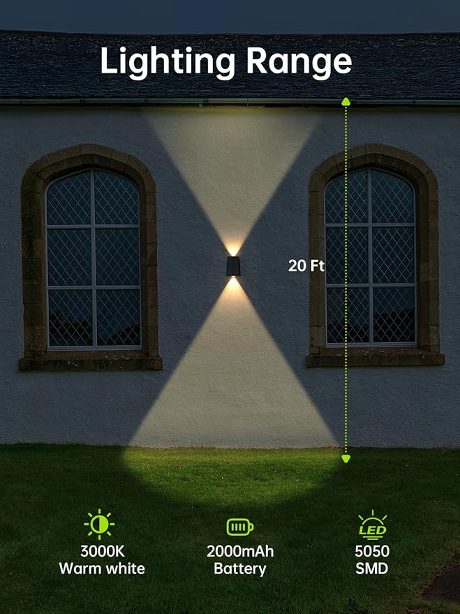 Solar Wall Lights Outdoor Up and Down Sconce Waterproof for House, Door | 3000K Warm White Solar Powered 2 Pack Dusk to Dawn Up Down Modern Lighting LED IP65 Waterproof
