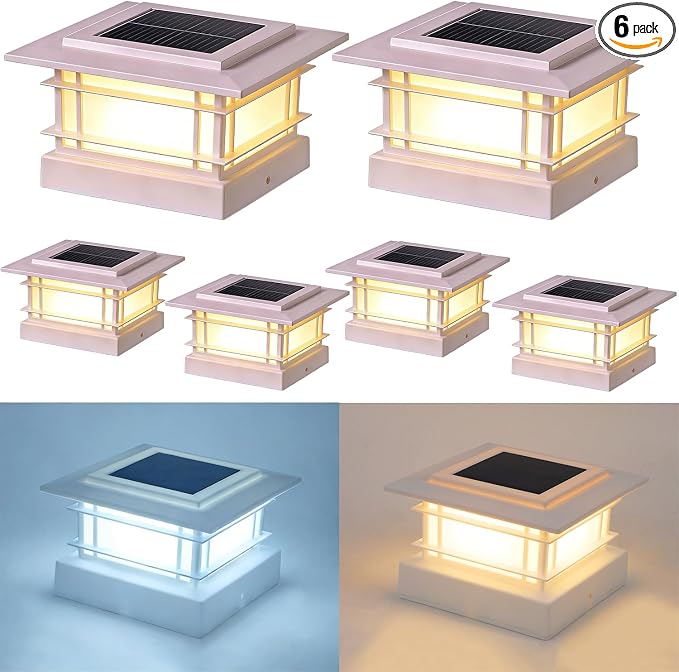 Dynaming 4x4 Solar Post Cap Lights Outdoor with 2 Color Mode, 6 Pack Fence Post Solar Lights White Shell Fit for 4x4 Vinyl/Wooden Posts, High Brightness LED Lighting Decor for Garden Deck Patio