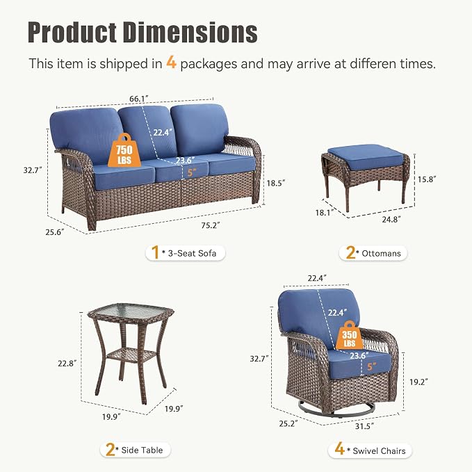 9 PCS Patio Furniture Set Outdoor Sectional Sofa Couch with High Back Rocking Swivel Chairs 5" Deep Seat Chairs, Modern Wicker Rattan Conversation Set, Blue/Brown Wicker