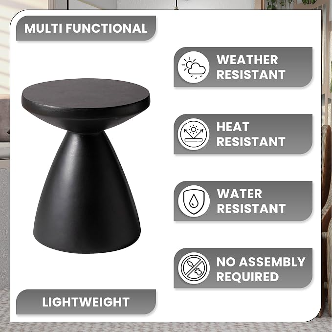 LeisureMod Modern Side Table with Fiberstone Top 20” Round Accent Table and Hourglass Pedestal Base for Outdoor or Indoor Dune Series in Black