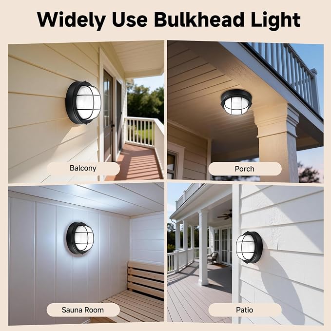 8"Outdoor Bulkhead Light, Black Round Exterior Bulkhead Wall Light Fixture, Nautical Bulkhead Sconce lighting, Waterproof Sauna Light, Wall/Ceiling Flush Mount, Aluminum & Glass, E26 60W, 2 Pack