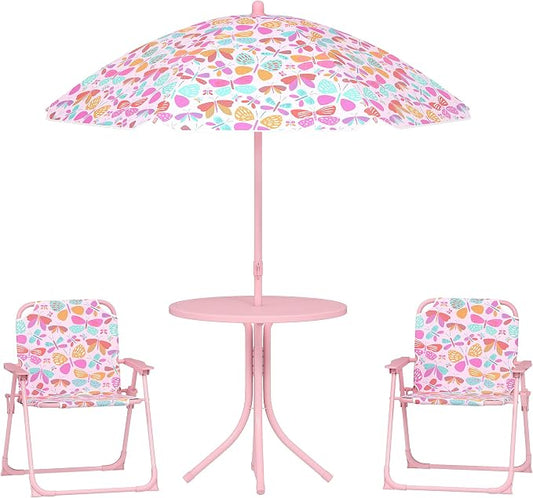 Qaba Kids Picnic Table and Chair Set, Outdoor Activity Table with Foldable Chairs, Removable Umbrella, Butterfly Pattern Toddler Patio Furniture for Backyard, Garden, Pink