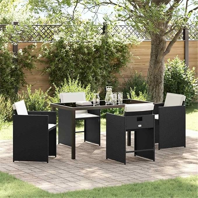 Afuera Living 5 Piece Patio Dining Set, Black Poly Rattan with Cushions, Powder-Coated Steel Frame, Tempered Glass Tabletop, UV Resistant, Weatherproof Outdoor Furniture for Garden or Patio