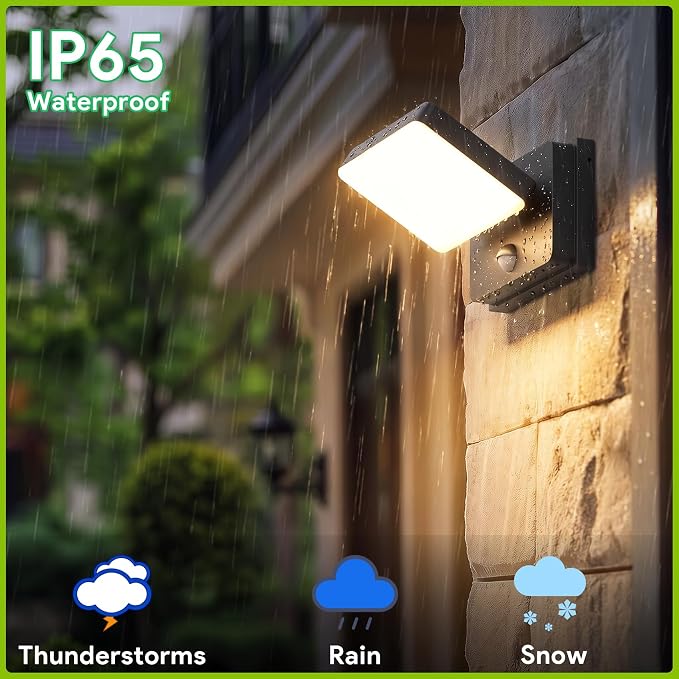 2-Pack Motion Sensor Outdoor Porch Lights Dusk to Dawn Wall Mount | 3 operating modes, IP65 waterproof aluminum construction, 3000K warm glow LED, 350° rotation