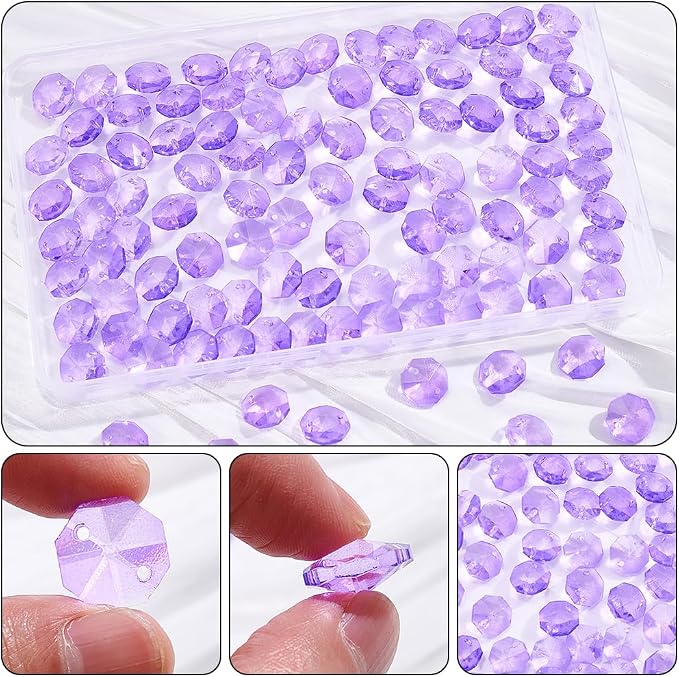 1 Box 120Pcs Glass Octagon Beads 2 Hole Crystal Prism Beads Purple 14mm Chandelier Replacement Connector Suncatcher Faceted Spacers for DIY Crafts Lamp Hanging Ornament Pendant Jewelry Adults