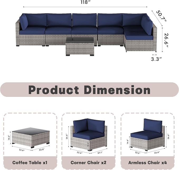 Patio Furniture Set 7 Pieces Conversation Set Wicker Outdoor Sectional Sofa,Ergonomic Armrests Couch with Cushion and Glass Table (Grey White-Navy, 7 Piece-Single)