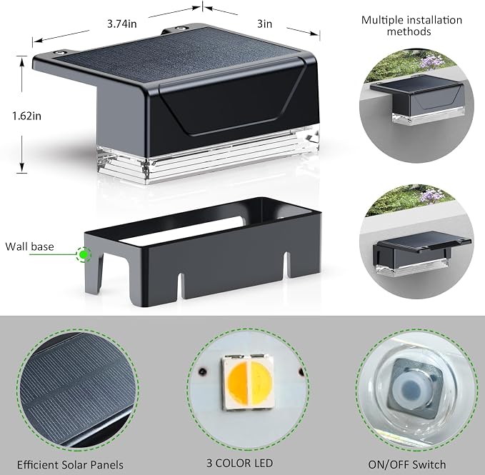 LIANGLOME Solar Fence Lights Outdoor - 3000/4000/6000K 3 Mode, IP65 Waterproof Solar Powered Fence Lights, Dusk to Dawn for Outside, Backyard/Step/Patio/Deck/Stair Railings and Wall (8 Pack)