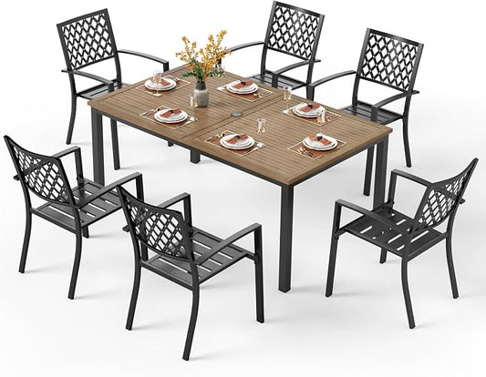 PHI VILLA Outdoor Dining Set for 6& 65”Wood-Like Metal Table | 7PCS-65" Wood-like Table, Net Back Chair, Classic, 65” Brown Wood-Like Metal Steel Table & Stackable Black Iron Chairs