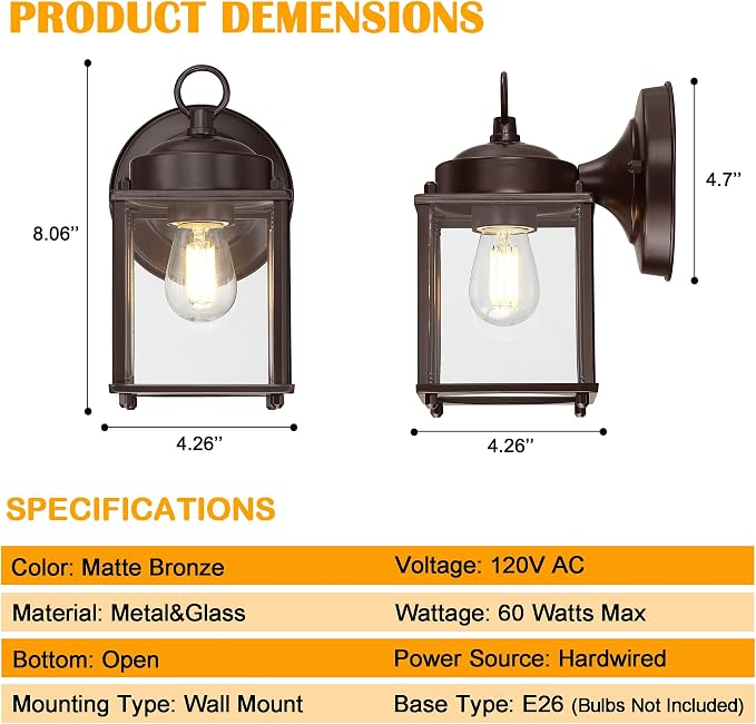 Outdoor Wall Light, Porch Lamp, Rustproof Waterproof,Bronze | Exterior Wall Sconce Fixture for House, Garage, Patio, Metal Housing with Glass, E26 Base, 2 Pack