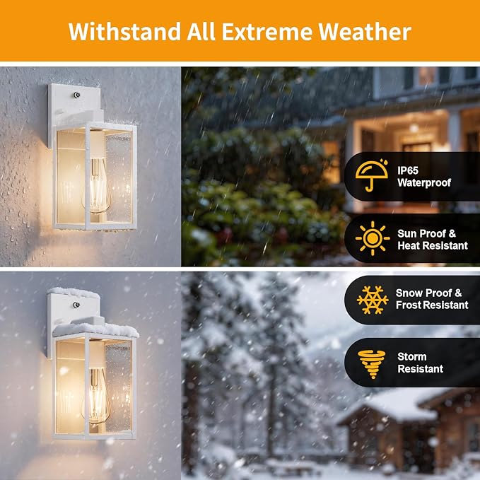 White Dusk to Dawn Outdoor Porch Lighting Fixtures Wall Mount, Sensor Exterior Wall Light for House, Ouside Lantern Lamp, Waterproof Wall Sconce Lights, Metal Coach Light for Garage Entryway