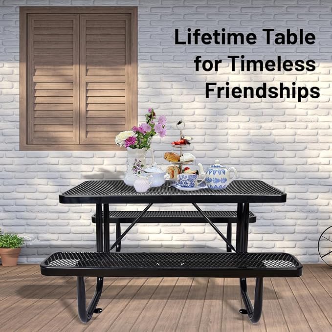 72" Thermoplastic Picnic Table with Umbrella Hole up to 1.5", Heavy Duty Commercial Picnic Table for Outdoor, Family & Party Ready for School Camping, Rectangular, Blue
