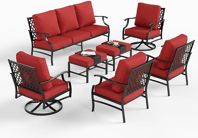 SUNSHINE VALLEY 7 Piece Metal Outdoor Patio Furniture Set, Patio Conversation Sets 1 3-Seater Sofa, 2 Fixed Chairs, 2 Swivel Chairs, 2 Ottomans with 5.75" Thick Cushion, Black Backyard Furniture, Red