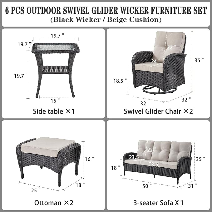 Belord 6 Pieces Wicker Patio Furniture Set - Swivel Rocker Outdoor Chairs with Outdoor Couch and Side Table, All-Weather Patio Conversation Set for Sunroom Deck Backyard Black