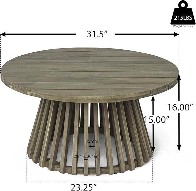 LUMISOL Patio Outdoor Acacia Wood Round Coffee Table, Circle Center Table for Backyard, Lawn, Balcony, Grey