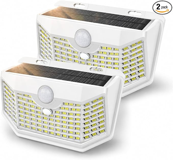 HMCITY 120 LED Solar Lights Outdoor with Motion Sensor and 3 Lighting Modes, IP65 Waterproof Wide Solar Wall Lights Ideal for Garden Patio Yard (Front Button 2Packs, White Shell-Daylight White)