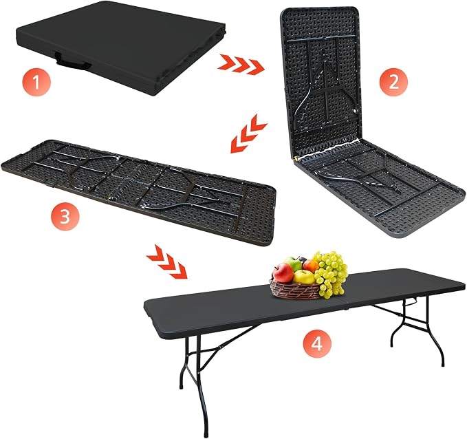 Portable 8Ft Folding Table, Heavy Duty Plastic Fold-in-Half Utility Foldable Dining Table, Multi-Purpose Plastic Folding Table with Carrying Handle for Camping and Party Indoor/Outdoor (Black)