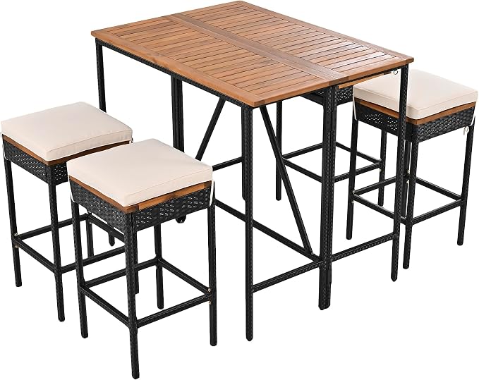 Merax 5-Piece Patio Table and Chairs Set for 4, Counter Height Acacia Wood PE Rattan Wicker Dining Table and 4 Stools with Cushions, Foldable Tabletop, Outdoor All-Weather Dining Table Set, Brown