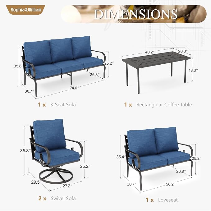 Sophia & William Patio Conversation Set for 7, 1 Loveseat, 3-Seater Sofa, 2 Swivel Chairs and a Coffee Table, Metal Outdoor Furniture with 5.75" Extra Thick Cushions, Navy