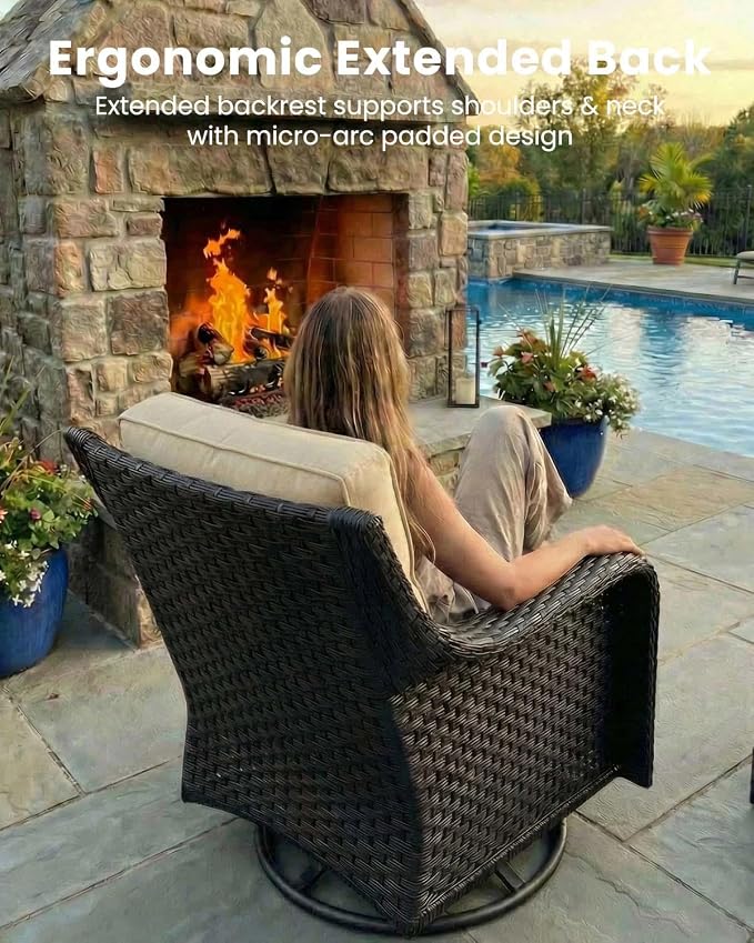 10 Pieces Outdoor Furniture Set with 6-inch Cushions, High Back Wicker Swivel Rocker Chairs with Fire Pit Table, Luxury Conversation Set for Deck Patio and Poolside