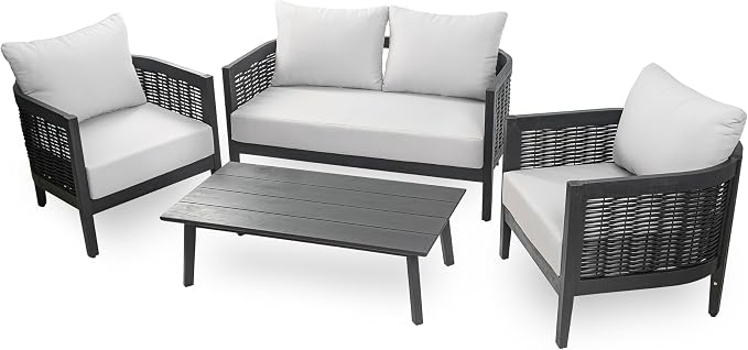 Christopher Knight Home Peron Patio 4-Seater Conversation Set, Sofa/Loveseat, 2 Club Chairs, Coffee Table, Cushion+Back Pillows, Acacia Wood+Wicker, Garden, Backyard, Poolside, Black + Light Grey