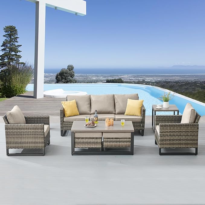 Belord 7 Piece Outdoor Furniture Patio Wicker Sofa Set, Oversize Outdoor Dining Chairs with Rattan Ottomans, Conversation Sets Patio Furniture Come with Removable Washable Cushion Grey