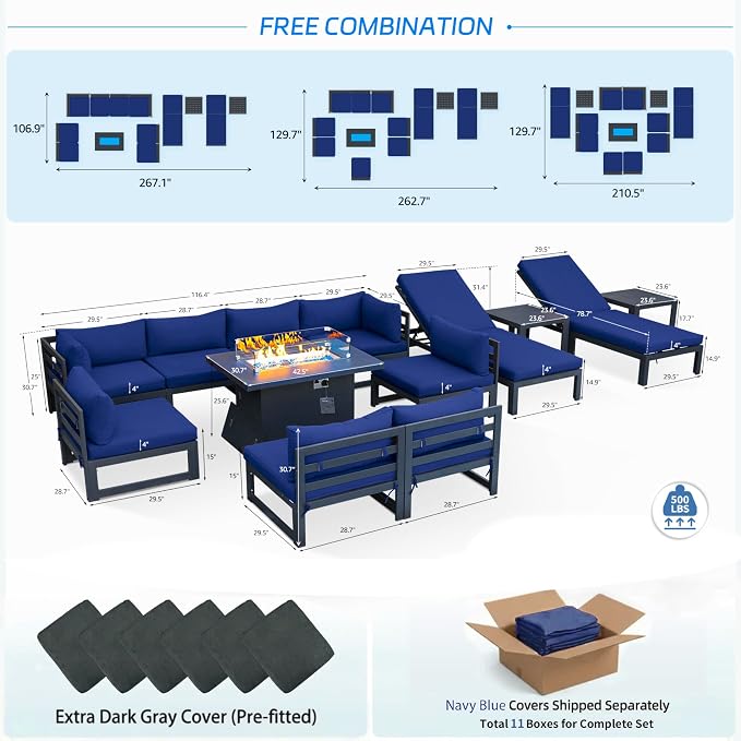 NICESOUL 13 Piece Large Contemporary Aluminum Outdoor Furniture Set with Chaise Lounge & Fire Pit Table, 29" Deep Couch Set, 500 lbs High Weight Capacity Patio Sectional Sofa for Poolside, Navy Blue