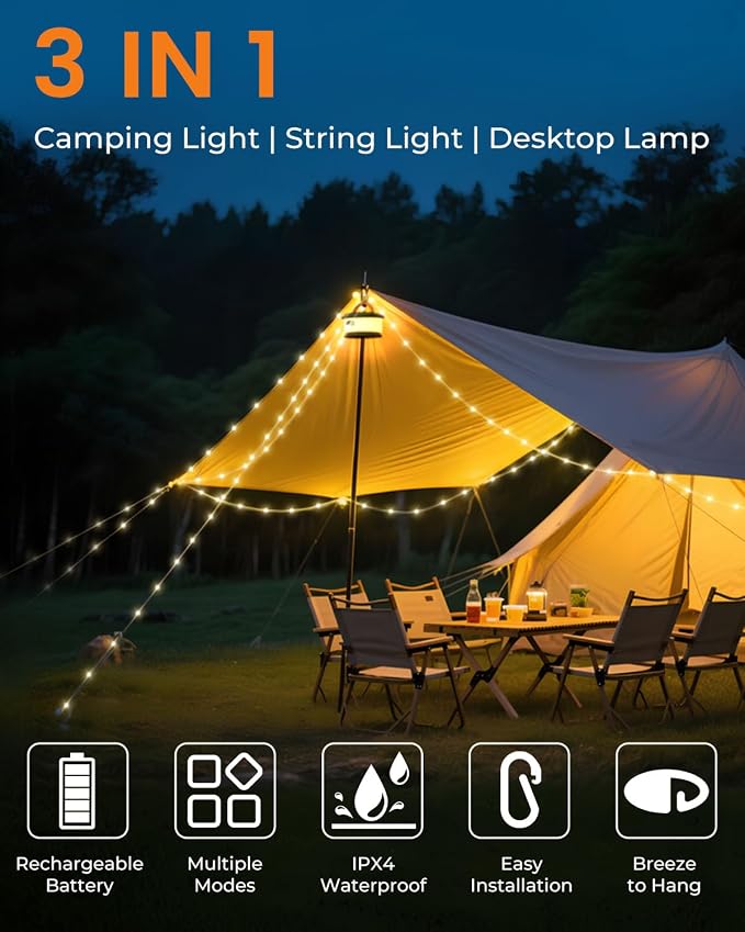 Camping String Lights, Retractable 32.8FT Rechargeable Fairy Light | Quick Storage RGB Flash Lamp Outdoor Waterproof, Portable Hanging Lantern for Outside Tent Patio Awning Garden RV Essentials