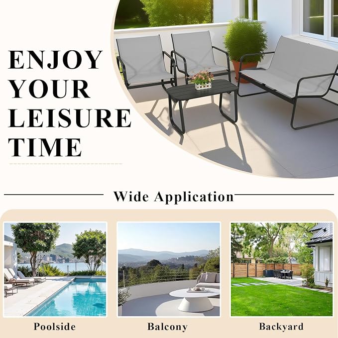 4-Piece Patio Furniture Set, Outdoor Textilene Conversation Set with Chairs & Loveseat, with Coffee Table for Garden, Balcony, Poolside, Backyard, Water-Resistant & UV-Resistant（Black）