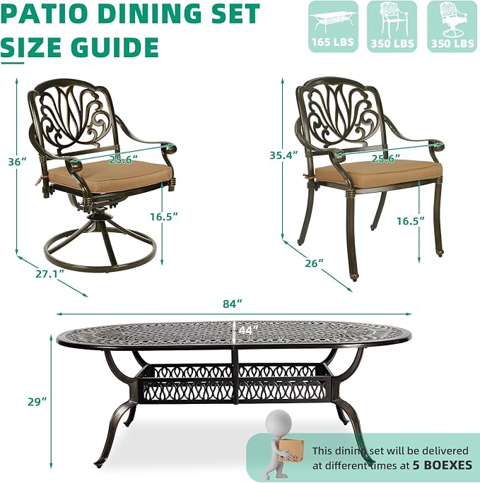 VIVIJASON 9-Piece Outdoor Furniture Dining Set, All-Weather Cast Aluminum Patio Conversation Set, Include 6 Stationary Chairs, 2 Swivel Dining Chairs and an Oval Table with Umbrella Hole