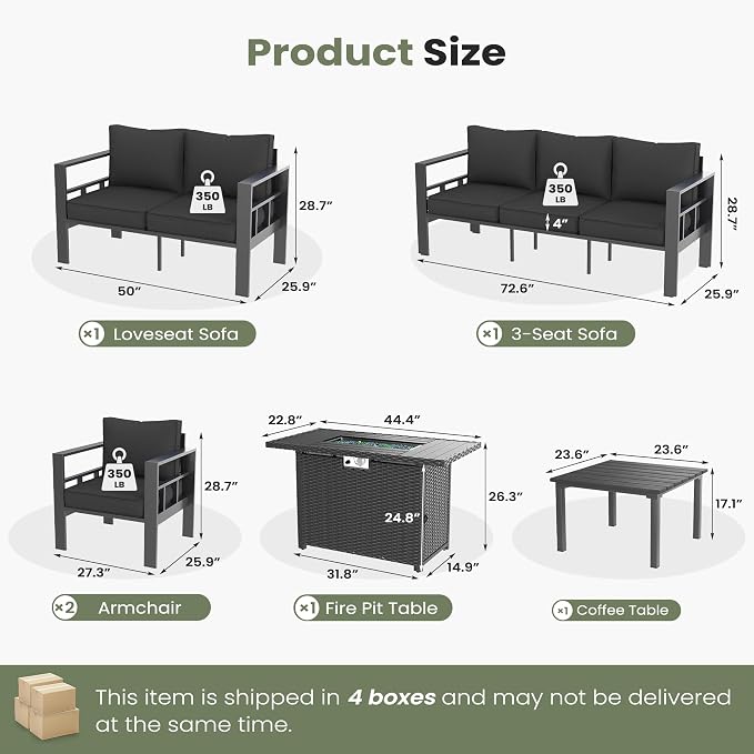 7 Piece Aluminum Patio Furniture Set with 44" Fire Pit Table & Thick Cushions, Aluminum Outdoor Sectional Conversation Set with Coffee Table for Porch, Backyard(Grey/Dark Grey)