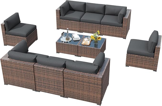 LazySunsets 10 Piece Outdoor Patio Furniture Set with Coffee Table, Outdoor Patio Furniture Sets with 4'' Thicken Cushion, Wicker Rattan Outdoor Conversation Set for Backyard, Grey