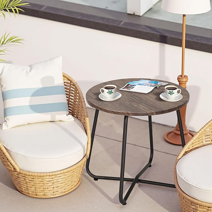 VECELO Outdoor Side Table,17.7 inch Small Round Patio Table,Waterproof Wood Table with Weather Resistant Steel Adjustable for Living Room Bedroom Garden Yard Balcony Porch Poolside