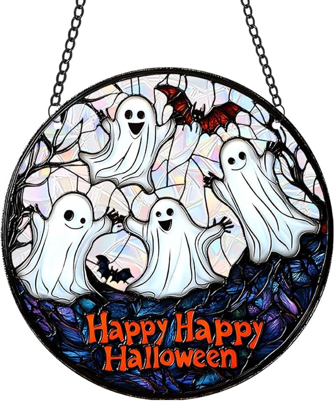 Acrylic Halloween Sun Catcher - 7.87 Inch Ghosts Round Suncatcher for Window Hanging Decoration - Creates Indoor Rainbows Light Refraction - Spooky Ghost, Witch, Pumpkin Design