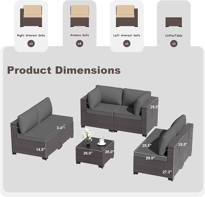 Kurapika 7 Pieces Patio Furniture Set, Rattan Wicker Outdoor Conversation Sets w/4 Inch Cushion and Glass Coffee Table(Grey)