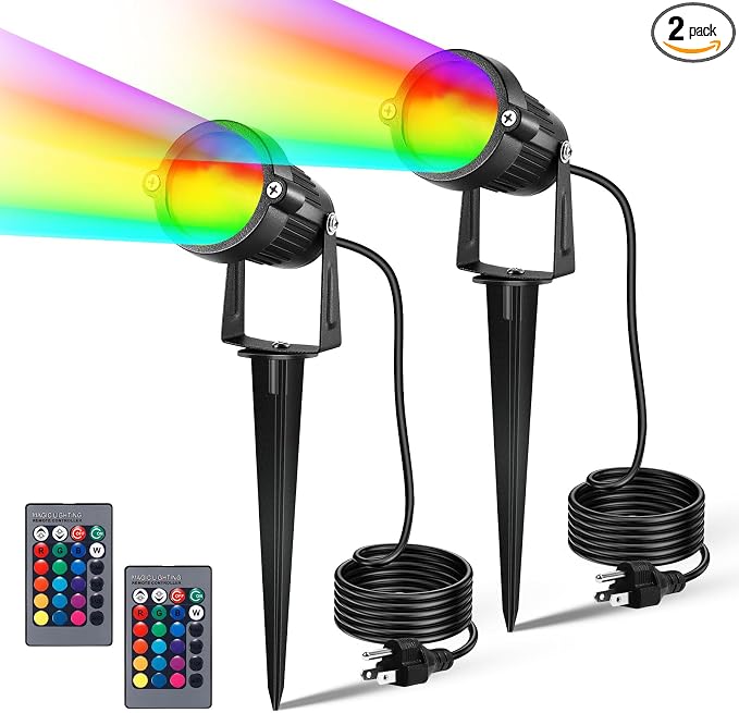 Landscape Lighting - 6W RGB Color Changing Halloween Landscape Lights 120V Christmas Outdoor LED Spotlight with Remote Control Waterproof Spot Lights for Yard Garden Patio Driveway (2 Pack)