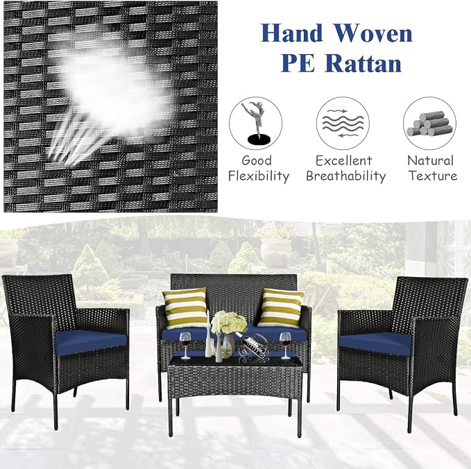 Tangkula 4 Pieces Patio Furniture Set, Outdoor Wicker Conversation Set with Tempered Glass Tabletop, Rattan Sofa and Chairs Set with Off White & Navy Cushion Covers