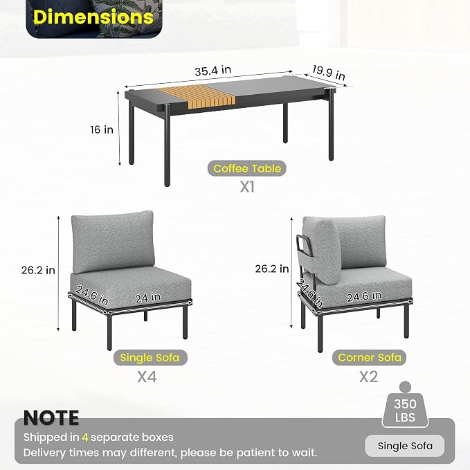 Sundale Outdoor 7 Pieces Metal Patio Furniture Set, Outdoor Sectional Sofa with 6 Inch Olefin Cushion, Modern Outdoor Conversation Sets with Coffee Table for Backyard, Poolside, Sunroom