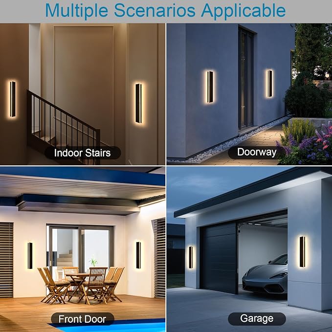 2pack 24inch Long Outdoor Wall Lights, IP65 Waterproof Wall Mounted Lights Black Porch Light LED Linear Exterior Wall Sconce Light 3000k Modern Outdoor Lights for House Garage Patio