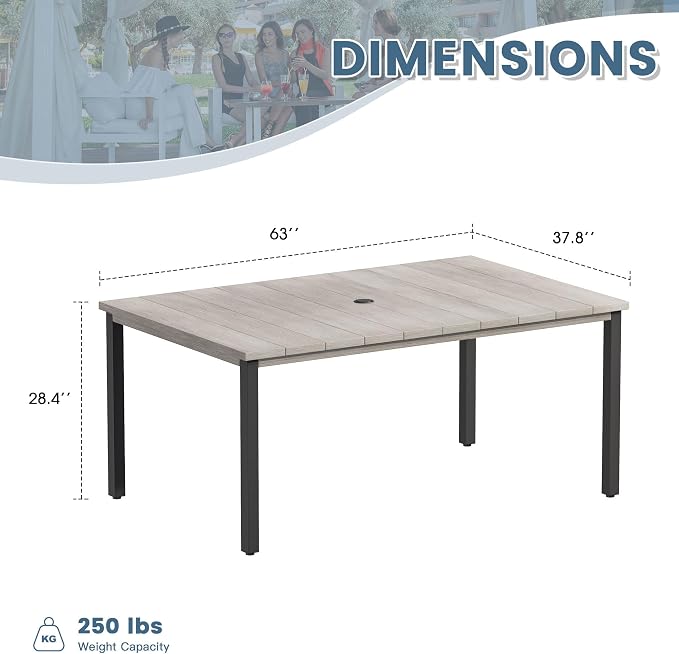 DIFY 63" Rectangle Outdoor Dining Table for 6, Slatted Metal Patio Table with Adjustable Umbrella Hole, All-Weather Patio Dining Table for Garden Backyard Deck, Grey Wood-Like Tabletop