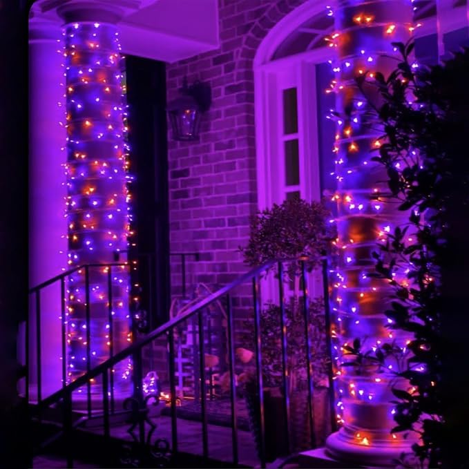 Solar Halloween Lights Outdoor 2 Pack 200 LED String Lights Orange Purple | 8 Lighting Modes, Memory Function, Auto On/Off, 66FT Waterproof Twinkle Lights for Outside Garden Party Tree Horror Decor