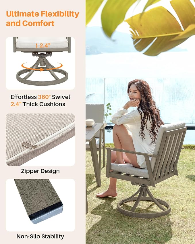 7 Pieces Outdoor Dining Set, Never-Rust Aluminum Patio Swivel Dining Set with Umbrella Hole, 360° Rotation Outdoor Patio Furniture Set, 6 Swivel Chairs and Table for Garden, Pool, Limed Oak