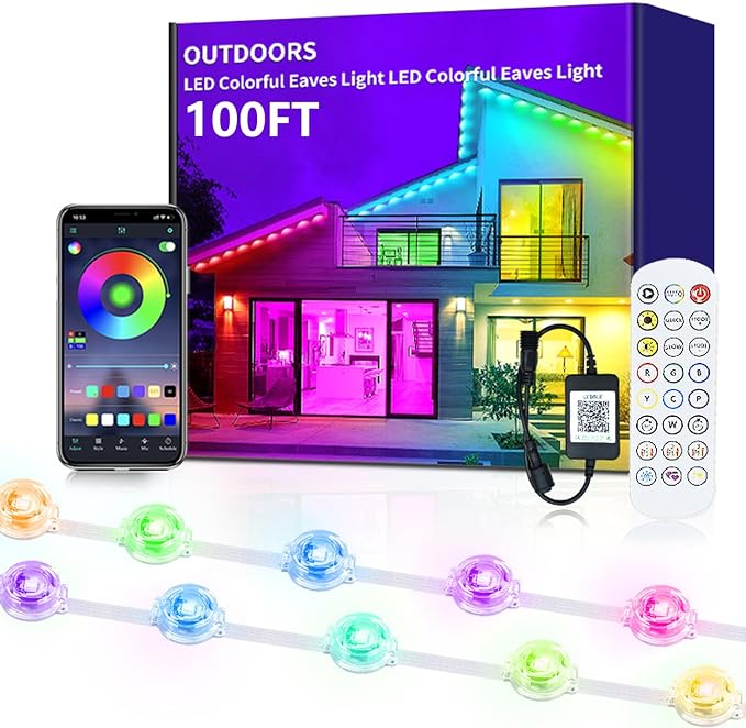 Permanent Outdoor Lights, 100FT RGB+IC Smart Eaves Lighting with 50 LEDs, 16 Million Colors, IP68 Waterproof, for Year-Round and Holiday Use