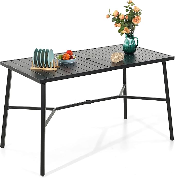 Sophia & William Outdoor Patio Bar Table Metal Bar Height Table Rectangular Dining Table with Umbrella Hole for Garden, Backyard, Lawn and Poolside, 66.9''W x 35.4''D x 39.8''H