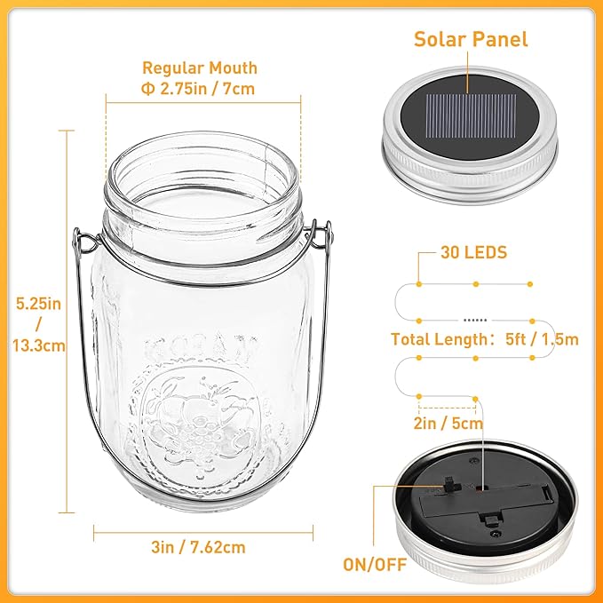 GIGALUMI Hanging Mason Jar Solar Lights, 6 Pack 30 Led Tinplate Lids | Hanging Solar Lanterns Outdoor Waterproof, Hangers and Jars Included, Outdoor Decor for Balcony, Garden, Patio, Yard, Wedding