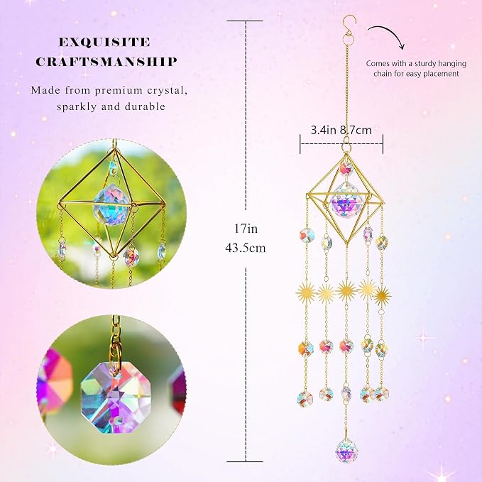 17''Crystal Prisms Suncatcher for Window Hanging Sun Catcher Indoor Window | Small Gold-Plated,Crystal Wind Chimes,Rainbow Maker,Whimsical Decor,Home Garden Christmas Tree Decoration,gift For Women Mom
